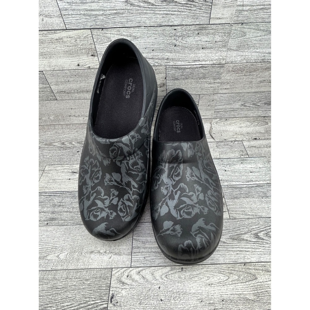 Crocs Neria Pro II Graphic Clog Black Floral Slip Resistant Work Shoes Women 8